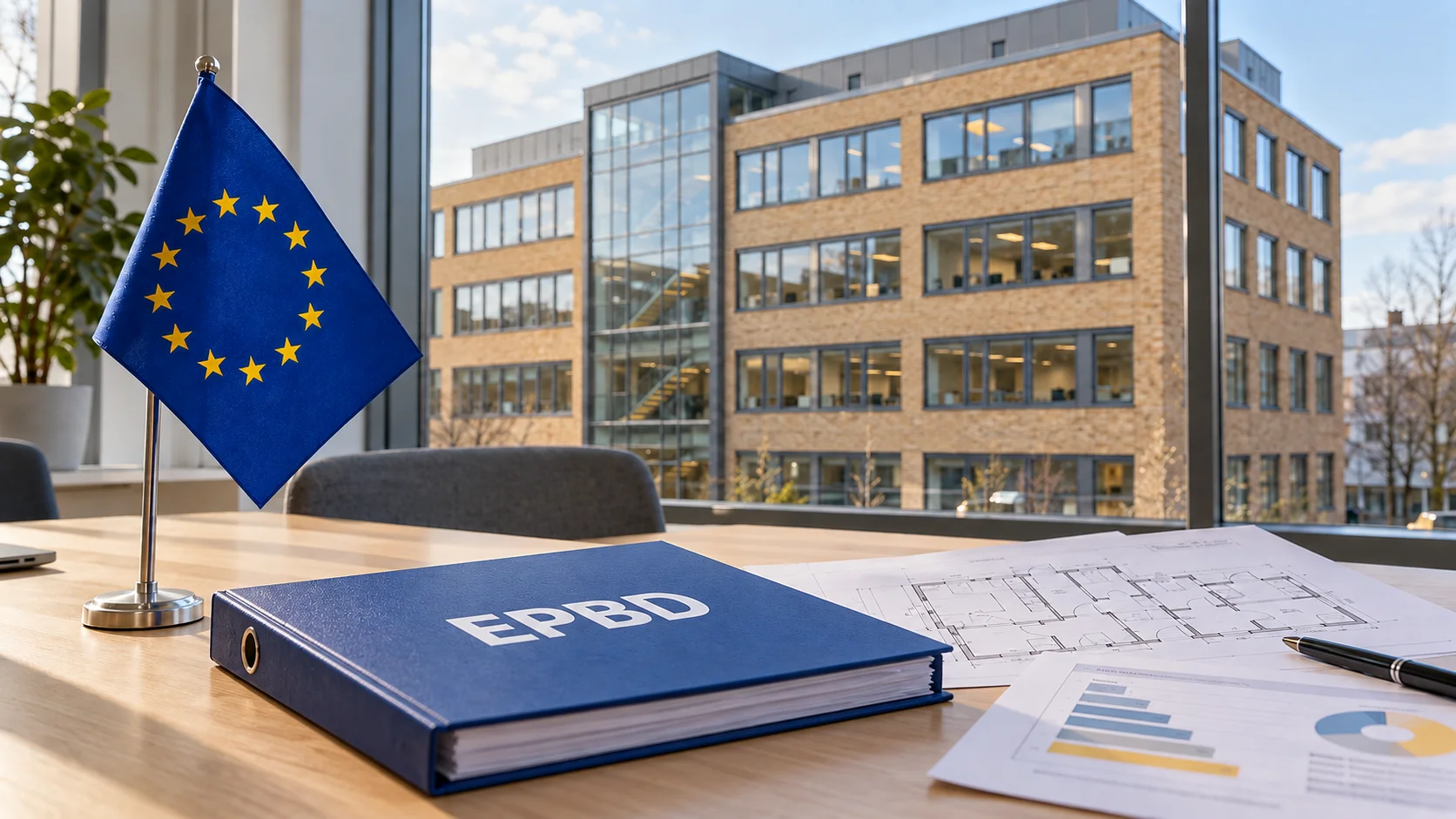 EU-flagga och en blå pärm märkt EPBD på ett bord framför en kontorsbyggnad