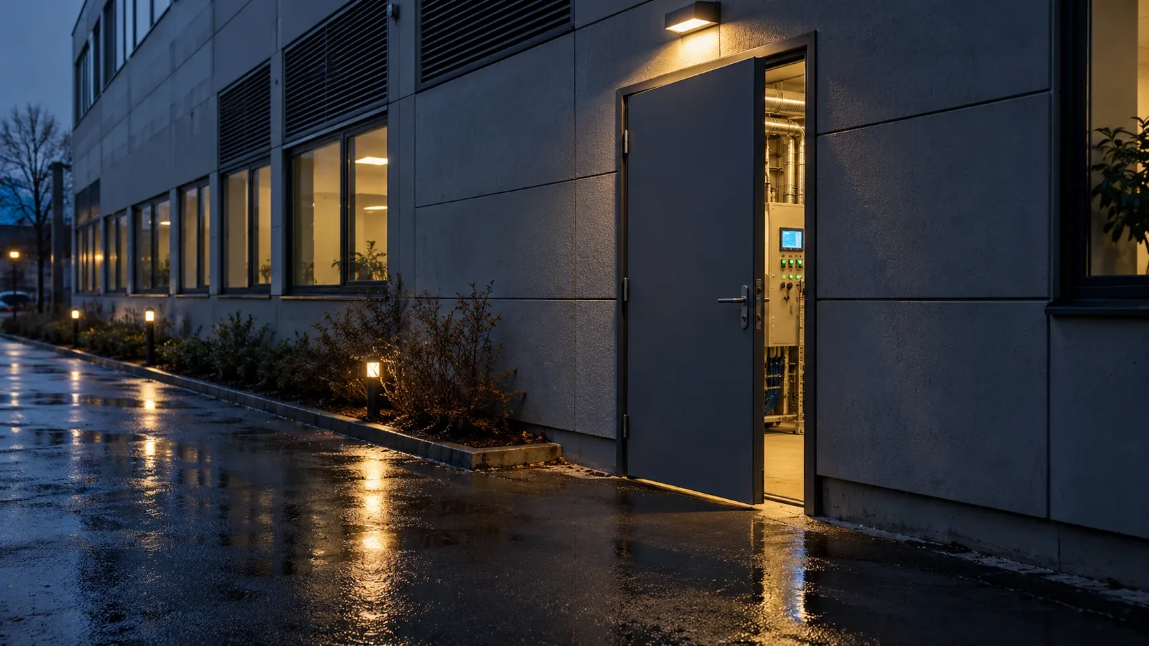 Open door to a plant room in an office building facade at dusk, with a control cabinet and a lit operator panel visible inside